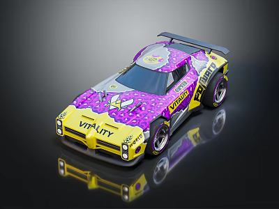 Vibrant Purple And Yellow Race Car With Vitality Logo And Decorative Patterns 3d model