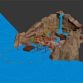 Scenic Landscape With Blue Water Rocky Terrain Blue Slide Red Buoys And Small Structures