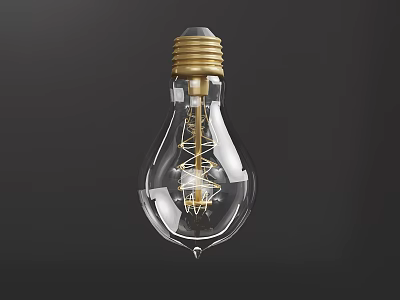 Transparent Glass Light Bulb With Golden Base And Filament On Dark Gray Background 3d model
