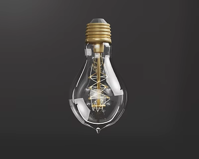 Transparent Glass Light Bulb With Golden Base And Filament On Dark Gray Background 3d model