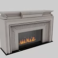 Classic Stone Fireplace with Intricate Leaf Motif Carvings and Burning Flames