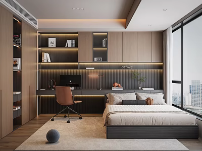 Modern Tatami Bedroom Interior Design with Built in Bookshelf Desk Chair and City View 3d model