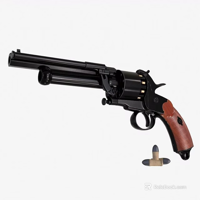 Classic Black Revolver With Wooden Grip Shiny Barrel And Single Bullet 3d model 
