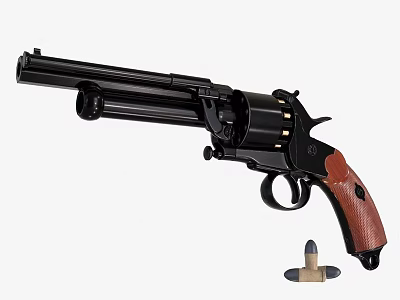 Classic Black Revolver With Wooden Grip Shiny Barrel And Single Bullet 3d model