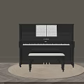 Black Piano With Music Sheet And Upholstered Bench On Round Rug Gray Wall Natural Light