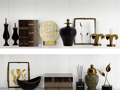 Elegant Modern Decorative Ornament Set With Black Gold Vases Picture Frames And Candle Holders 3d model