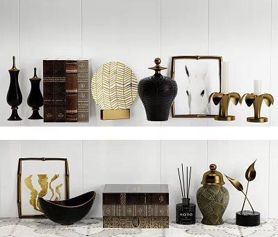 Elegant Modern Decorative Ornament Set With Black Gold Vases Picture Frames And Candle Holders 3d model