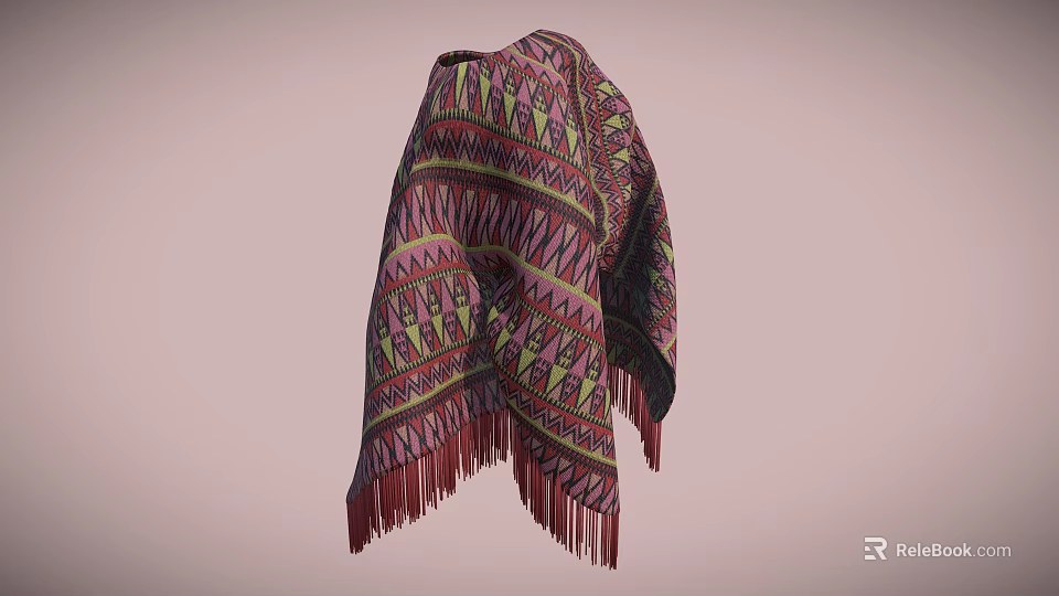 Stylish Vibrant Ethnic Patterned Shawl With Detailed Colorful Geometric Designs And Fringes 3d model 