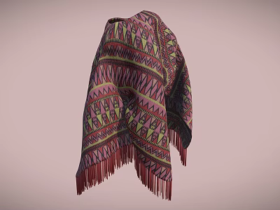 Stylish Vibrant Ethnic Patterned Shawl With Detailed Colorful Geometric Designs And Fringes 3d model