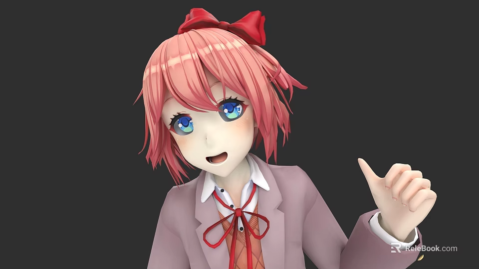 Game and Movie Character With Pink Short Hair Blue Eyes Red Bow Pink Coat Gesturing 3d model 