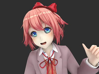 Game and Movie Character With Pink Short Hair Blue Eyes Red Bow Pink Coat Gesturing 3d model