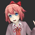 Game and Movie Character With Pink Short Hair Blue Eyes Red Bow Pink Coat Gesturing