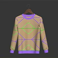 Beige Sweater With Purple Trim Green Geometric Patterns On Wooden Hanger And Reflection