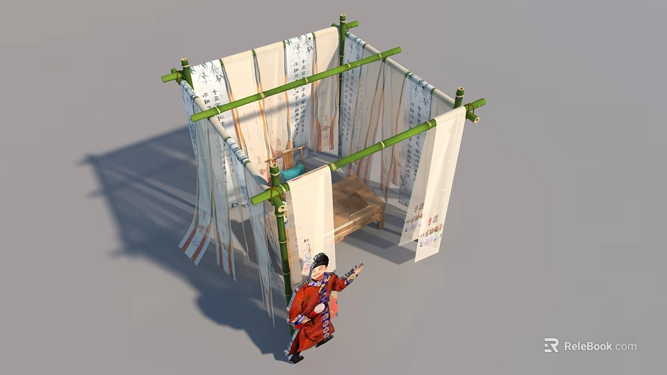 Traditional Photo Spot with Bamboo Frame White Calligraphy Scrolls Wooden Table Chairs Red Costume Person 3d model 