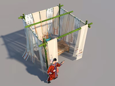 Traditional Photo Spot with Bamboo Frame White Calligraphy Scrolls Wooden Table Chairs Red Costume Person 3d model