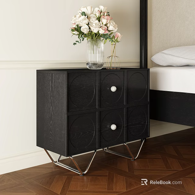 Black Wooden Nightstand With Round Panel Drawers Metal Legs In Modern Bedroom With Flower Vase 3d model 