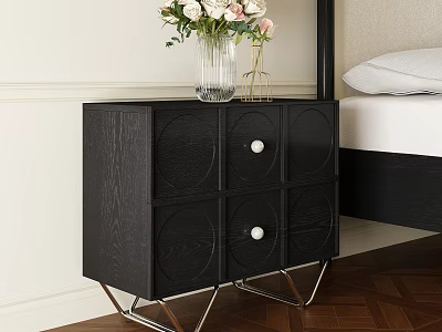 Black Wooden Nightstand With Round Panel Drawers Metal Legs In Modern Bedroom With Flower Vase 3d model