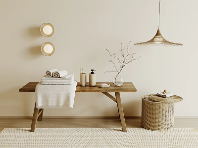 Cozy Bathroom Accessories With Wooden Bench And Towels 3d model Cozy Bathroom Accessories With Wooden Bench And Towels 3d model