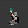 Game Movie Character With Blue Gray Hair Holding Green Glowing Object Sitting Barefoot