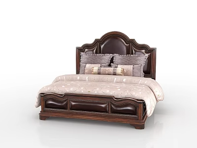 Classic Dark Wood Double Bed With Carved Headboard Soft Pillows And Light Bedspread 3d model