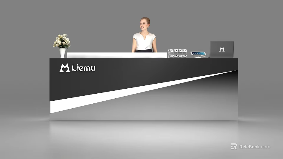 Modern Black And White Reception Desk With Liemu Logo Receptionist Flowers And Electronics 3d model 