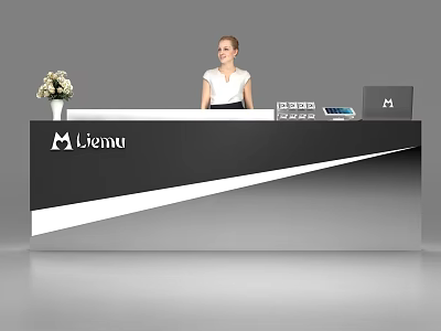 Modern Black And White Reception Desk With Liemu Logo Receptionist Flowers And Electronics 3d model
