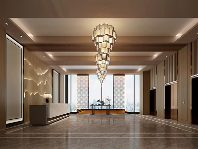 Luxurious Modern Elevator Lobby With Chandeliers Large Windows Marble Flooring And Reception Desk 3d model