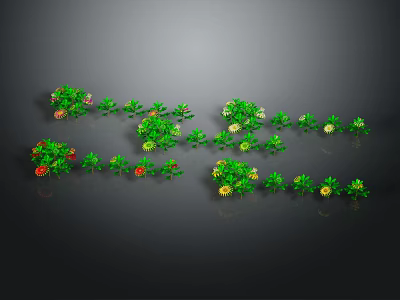 Colorful Plants With Green Leaves And Red Yellow Flowers Arranged On Dark Background 3d model