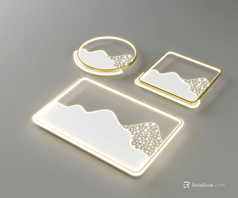 Illuminated Ceiling Lights With Various Shapes Round Square And Golden Edges Mountain Pattern 3d model 