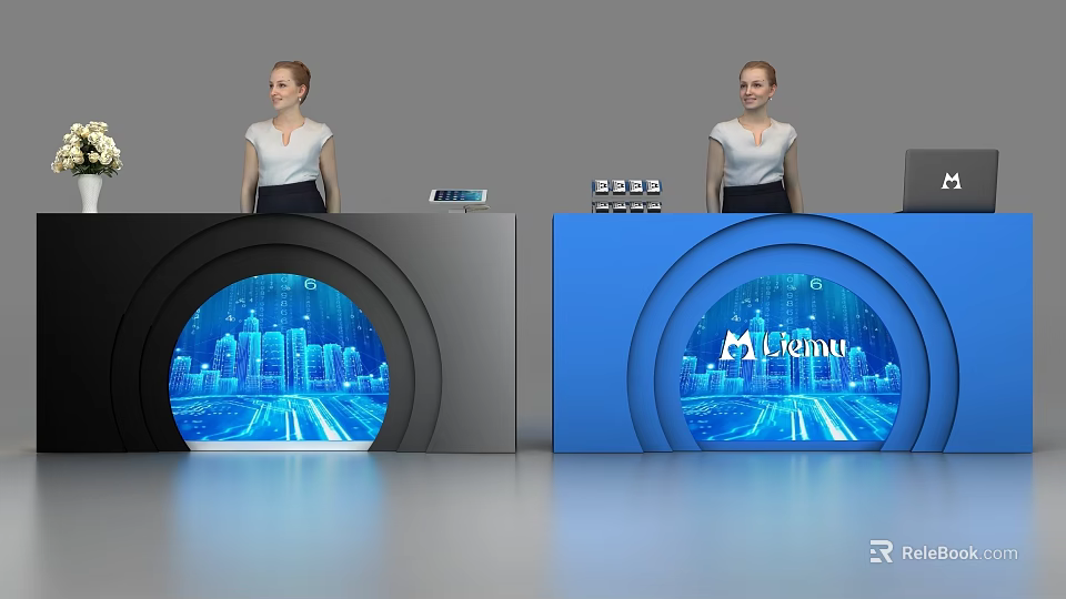 Modern Black and Blue Curved Reception Desk With Illuminated Cityscape Design 3d model 