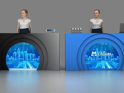 Modern Black and Blue Curved Reception Desk With Illuminated Cityscape Design 3d model