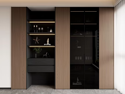 Modern Wine Cabinet With Wooden Panels Black Glass Doors And Open Shelves For Wine Bottles 3d model