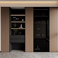 Modern Wine Cabinet With Wooden Panels Black Glass Doors And Open Shelves For Wine Bottles