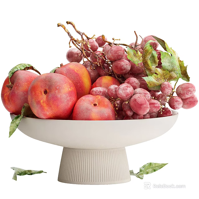 Fresh Ripe Peaches And Juicy Grapes In White Pedestal Bowl With Green Leaves 3d model 