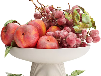 Fresh Ripe Peaches And Juicy Grapes In White Pedestal Bowl With Green Leaves 3d model
