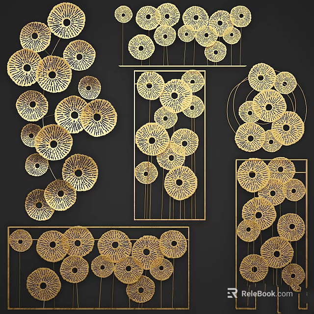 Intricate Golden Circular Openwork Decorative Wall Art On Black Background 3d model