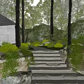 Tranquil Scenic Garden With Tall Trees Stone Steps Pebble Path And Bushes