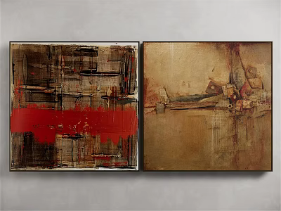 Modern Abstract Wall Art Paintings With Red Brown Tones And Textured Lines 3d model