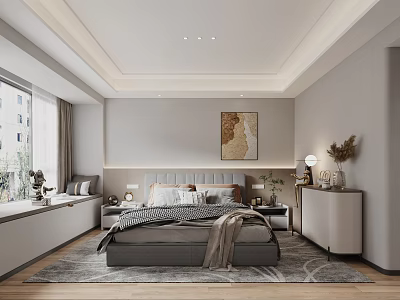 Modern Bedroom Interior With Bedside Artwork Table Lamp Plants And Wooden Floor Rug 3d model