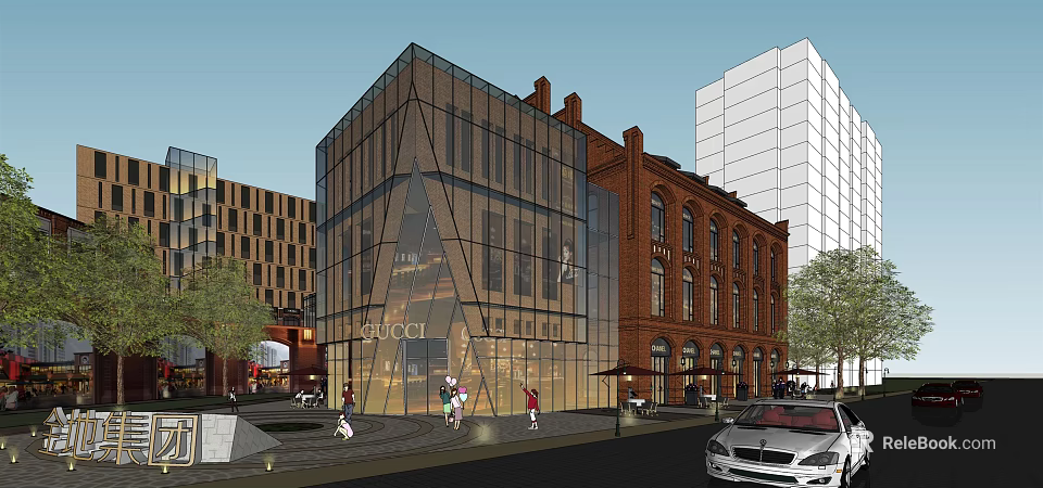 Modern Commercial Street With Glass Facade Red Brick Buildings And Luxury Brand Stores 3d model 
