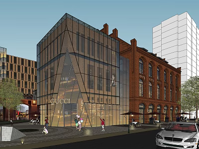 Modern Commercial Street With Glass Facade Red Brick Buildings And Luxury Brand Stores 3d model
