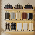 Various Colored Suitcases and Handbags Displayed on Three Shelves with Light Wall and Shutters