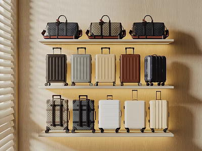 Various Colored Suitcases and Handbags Displayed on Three Shelves with Light Wall and Shutters 3d model