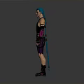 Woman With Blue Green Hair And Tattoos Wearing Black Sleeveless Top Purple Pants And Gloves
