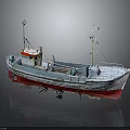 White and Red Fishing Boat with Masts and Cabin for Water Transport