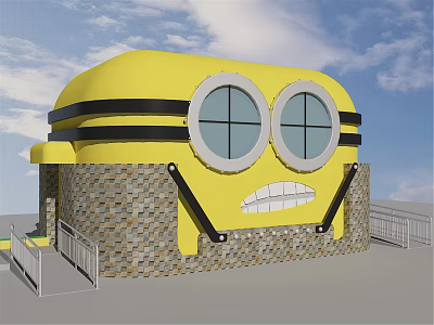 Minion Inspired Building With Yellow Body Round Windows Black Stripes Smiling Mouth And Stone Base 3d model