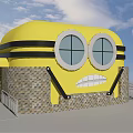 Minion Inspired Building With Yellow Body Round Windows Black Stripes Smiling Mouth And Stone Base