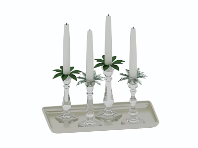 Home Decor Furniture With Transparent Glass Candle Holders White Candles Green Leaves On Light Tray 3d model