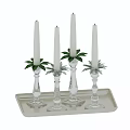 Home Decor Furniture With Transparent Glass Candle Holders White Candles Green Leaves On Light Tray