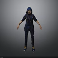 Full Body Character In Blue Hoodie With Yellow Stripes Standing On Gray Background